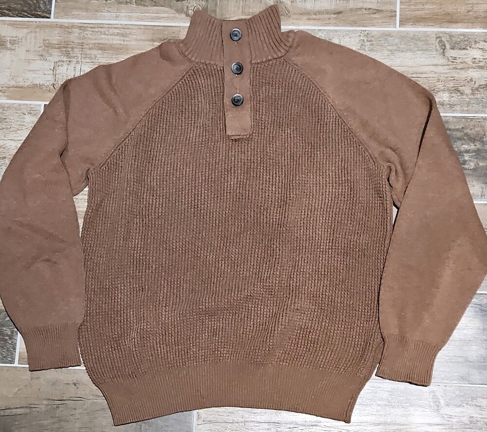 Weatherproof Men's Brown Waffle-Knit Cotton Mock Neck Henley Sweater Size L
